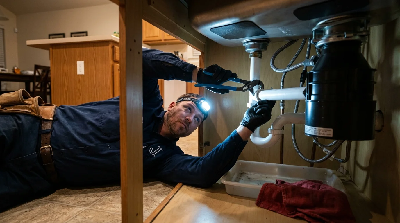 P-trap and supply line connections under a kitchen sink showing a common leak point in Franklin, OH